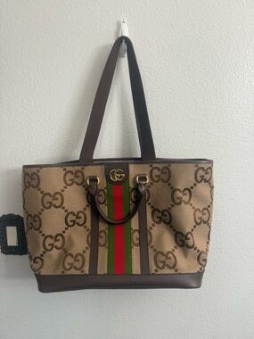 Brand new gucci tote Gucci Brown GG Canvas  Tote with Green-Red Web Stripe